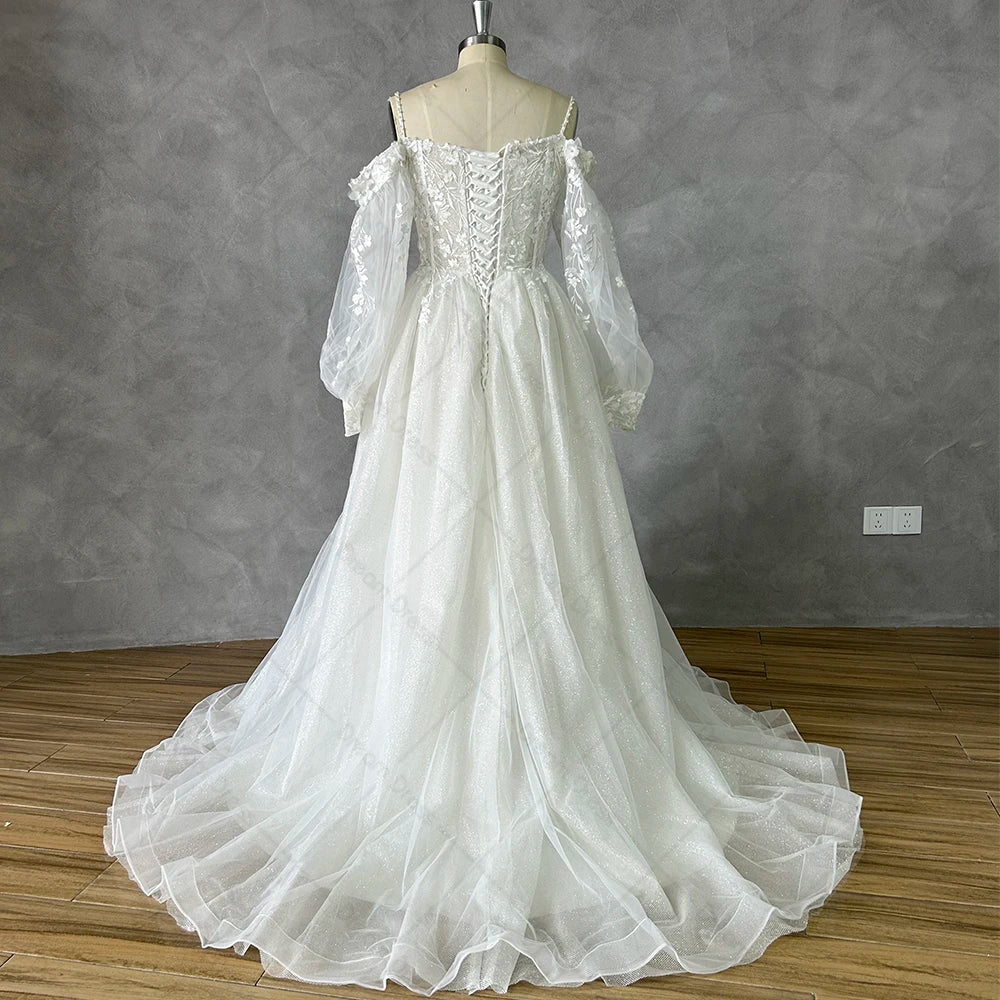 DREAM Off Shoulder Lace Glitter Tulle Wedding Dresses Long Puff Sleeve 3D Flowers Boho Bride Gown 2024 Vestidos De Novia