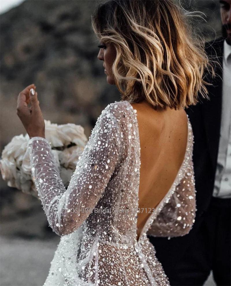 Mordern V- Neck Sequins Wedding Dresses Long Sleeves Floor Length Backless Bridal Gowns Robe De Marié