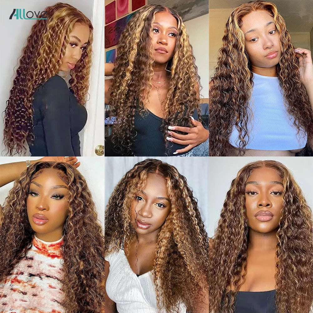 Allove Highlight Bundles With Closure Deep Wave Human Hair Bundles With 4x4 Transparent Lace Closure Ombre Honey Brown Remy Hair