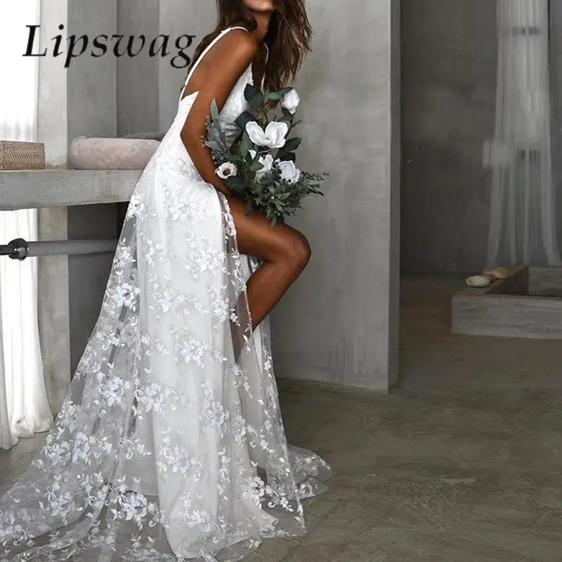 Elegant White Embroidery Lace Yarn Maxi Dress Women Elegant Backless Split Long Dress Sexy Deep V Neck Sling Wedding Party Dress