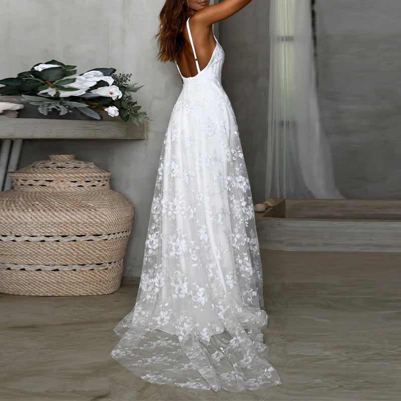Elegant White Embroidery Lace Yarn Maxi Dress Women Elegant Backless Split Long Dress Sexy Deep V Neck Sling Wedding Party Dress
