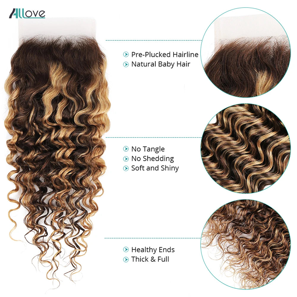 Allove Highlight Bundles With Closure Deep Wave Human Hair Bundles With 4x4 Transparent Lace Closure Ombre Honey Brown Remy Hair