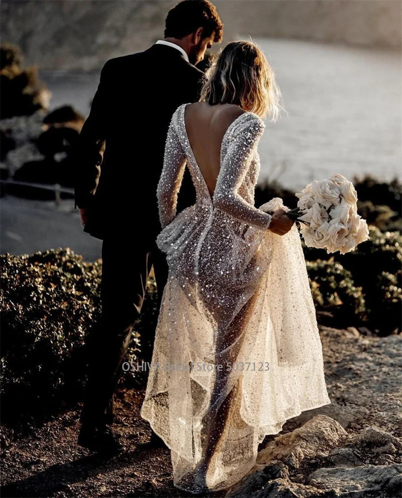 Mordern V- Neck Sequins Wedding Dresses Long Sleeves Floor Length Backless Bridal Gowns Robe De Marié