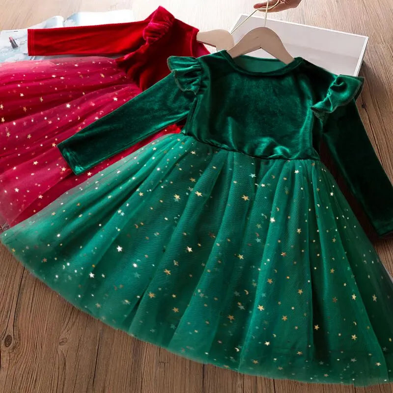 2023 New Girls Christmas Dress for Girls Kids Autumn Full Sleeve Sequined Tulle Tutu Princess Wedding Birthday Party Clothing