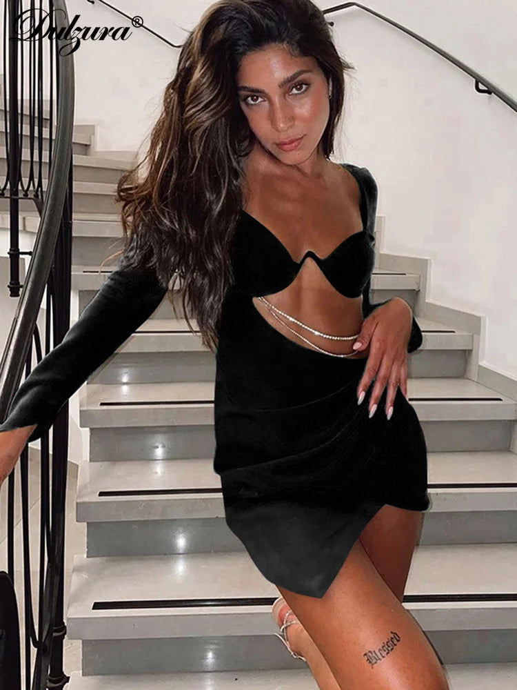 Dulzura Elegant Chain Ruched Sexy Y2K Clothes Hollow Out Long Sleeve Backless Bodycon Mini Dresses For Women 2022 Club Party