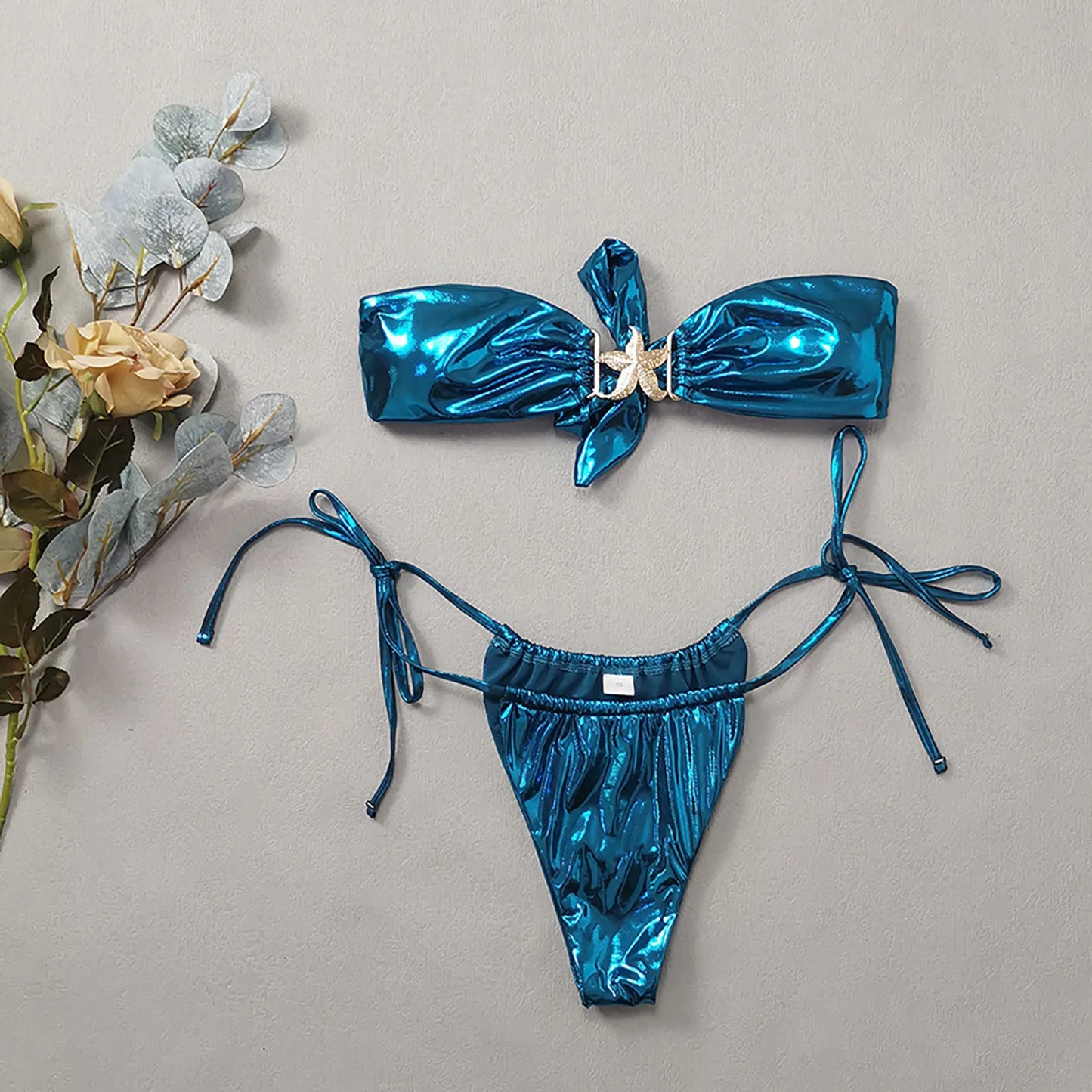 Bra Sized Swimsuits For Women 2024 Sexy Strapless Split Bikini Blue Glossy Gold Swimsuit For Women Water Aerobics Swimsuits
