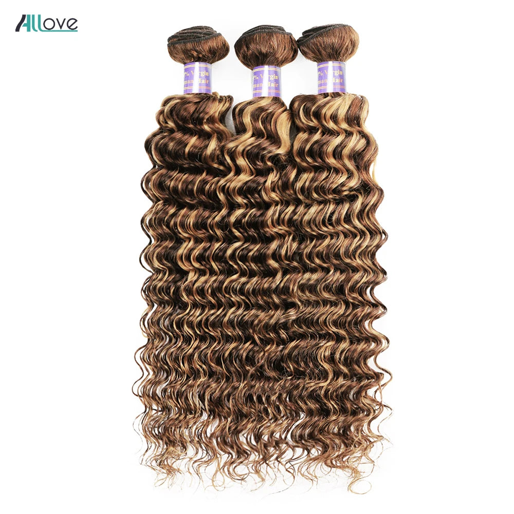 Allove Highlight Bundles With Closure Deep Wave Human Hair Bundles With 4x4 Transparent Lace Closure Ombre Honey Brown Remy Hair
