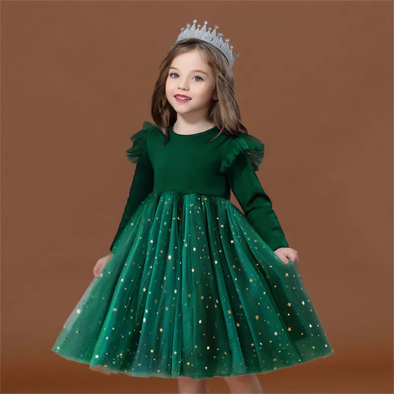 2023 New Girls Christmas Dress for Girls Kids Autumn Full Sleeve Sequined Tulle Tutu Princess Wedding Birthday Party Clothing