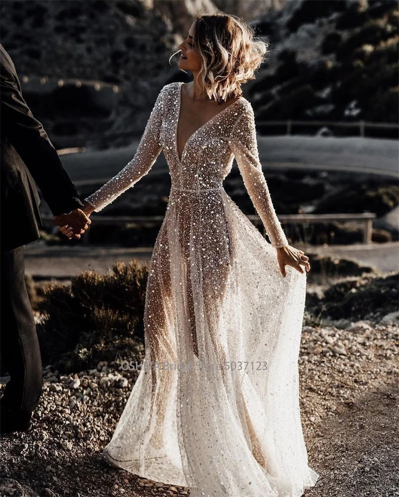 Mordern V- Neck Sequins Wedding Dresses Long Sleeves Floor Length Backless Bridal Gowns Robe De Marié