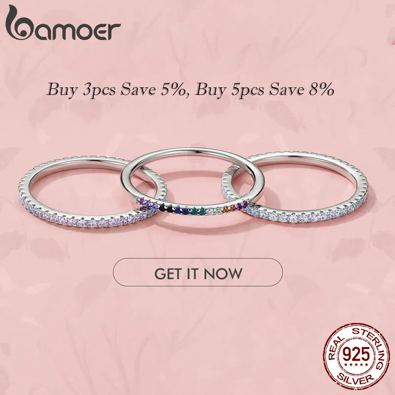 BAMOER 925 Sterling Silver CZ Simulated Diamond Stackable Ring Platinum Plated Eternity Bands for Women