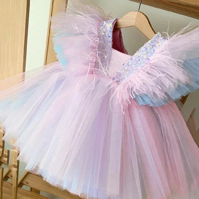 Fancy 12M Baby Unicorn Tutu Gown Girl Sequin Bow 1st Birthday Princess Dress Flower Girl Costume for Wedding Party Summer Cloth