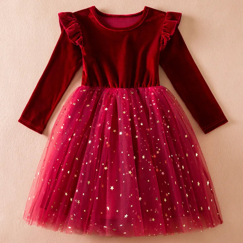 2023 New Girls Christmas Dress for Girls Kids Autumn Full Sleeve Sequined Tulle Tutu Princess Wedding Birthday Party Clothing