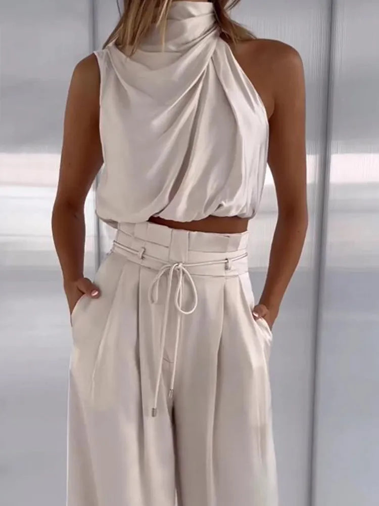 Drauuing Beige Two Piece Pants Sets Women Outfit Silk Pleated Texture Sleeveless Top Wide Leg Pants Set Summer Matching Sets