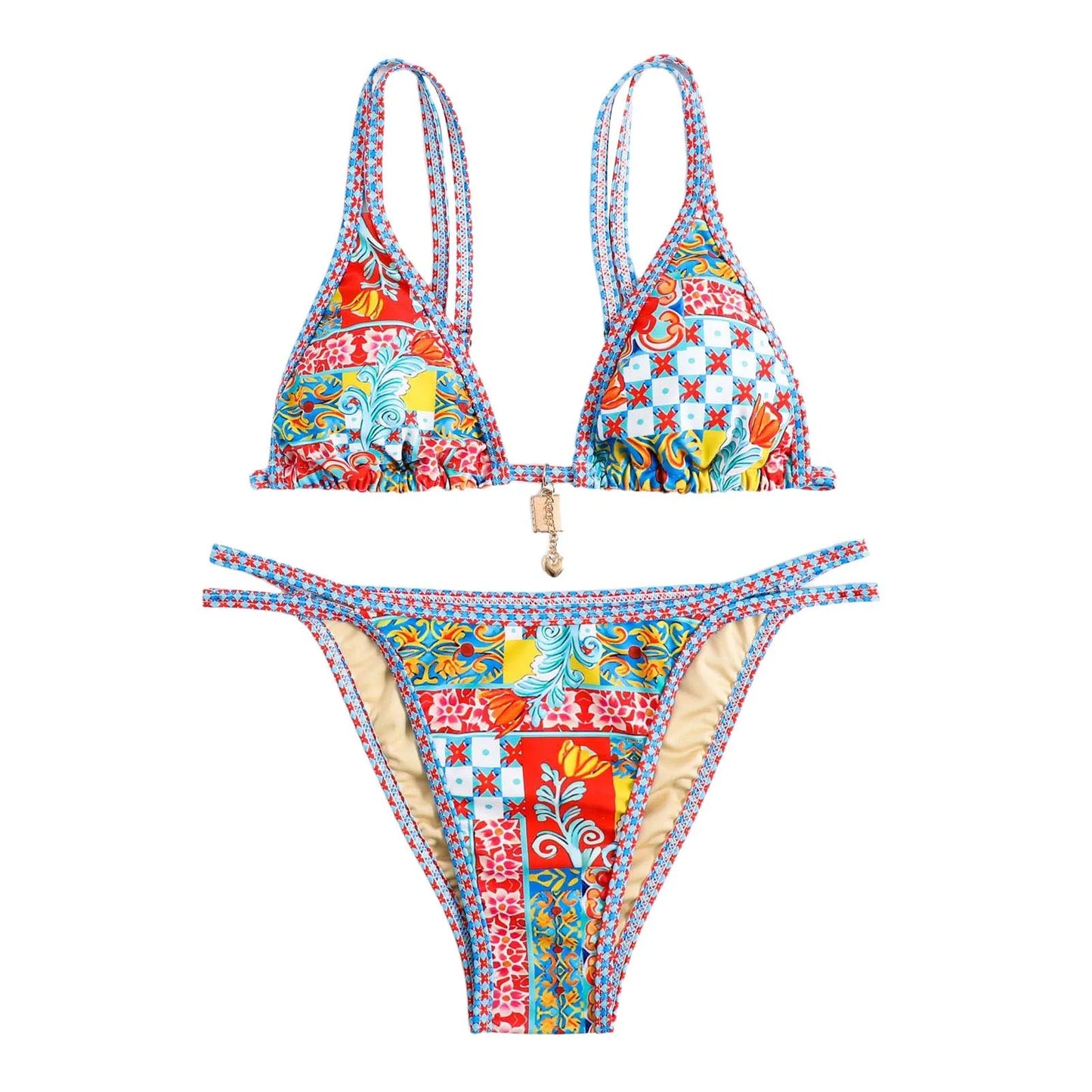 Women Bohemian Printed Bikinis Set Swimming Two Piece Sexy V Neck Pendant Swimsuits Swimwear Beach Suit Women'S Swimsuit