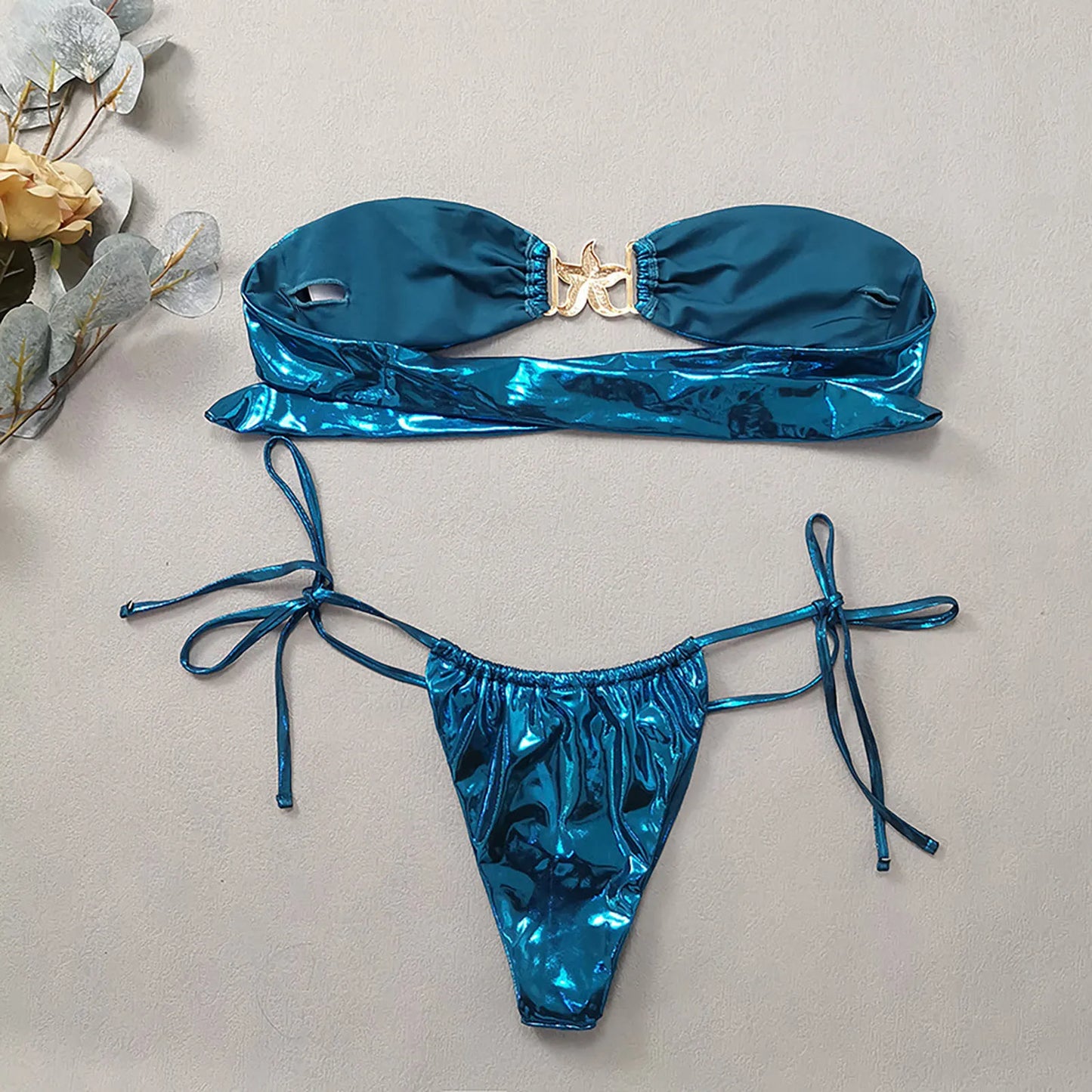 Bra Sized Swimsuits For Women 2024 Sexy Strapless Split Bikini Blue Glossy Gold Swimsuit For Women Water Aerobics Swimsuits