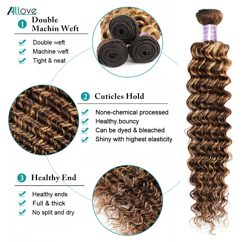 Allove Highlight Bundles With Closure Deep Wave Human Hair Bundles With 4x4 Transparent Lace Closure Ombre Honey Brown Remy Hair