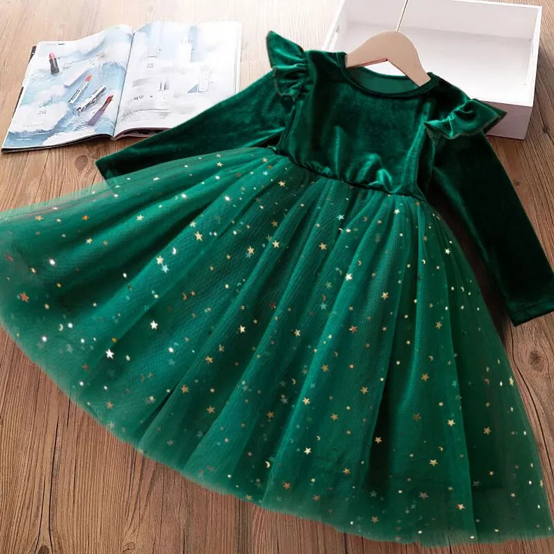 2023 New Girls Christmas Dress for Girls Kids Autumn Full Sleeve Sequined Tulle Tutu Princess Wedding Birthday Party Clothing