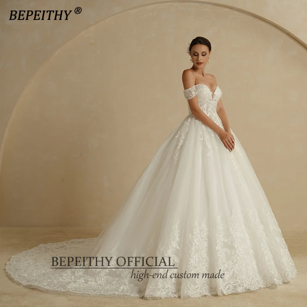 BEPEITHY Princess Sweetheart Wedding Dress For Women Ivory Glitter Skirt Sleeveless Court Train Vintage Bride Bridal Ball Gown