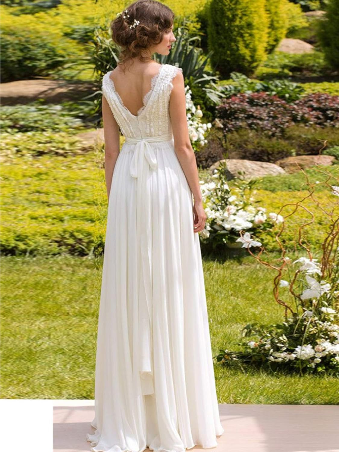 Wedding Dress for Bride with Lace Long V-Neck Chiffion Beach Bohemian Pearls Bridal Gowns