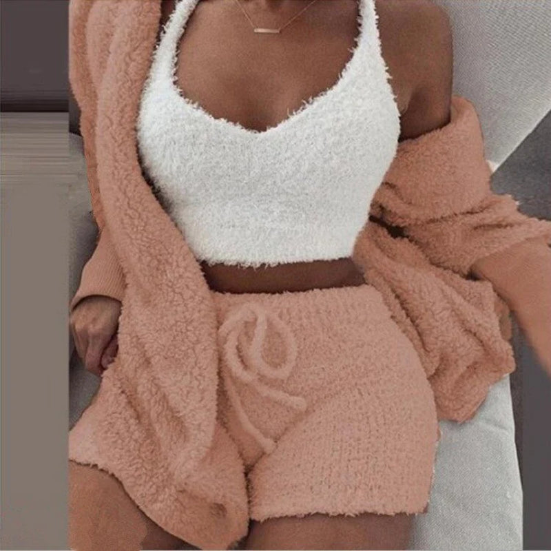 Women Set New Loose Womens High Waist Cardigan Coat Shorts Crop Top Piece Set Casual Soft Sweatsuits for Women Casual Sports