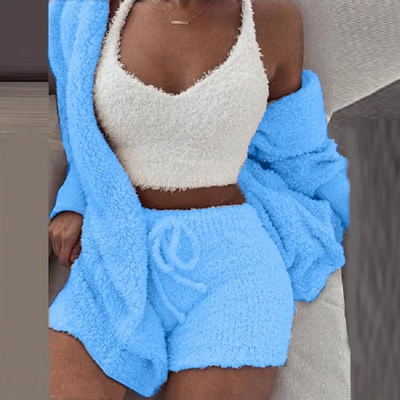 Women Set New Loose Womens High Waist Cardigan Coat Shorts Crop Top Piece Set Casual Soft Sweatsuits for Women Casual Sports