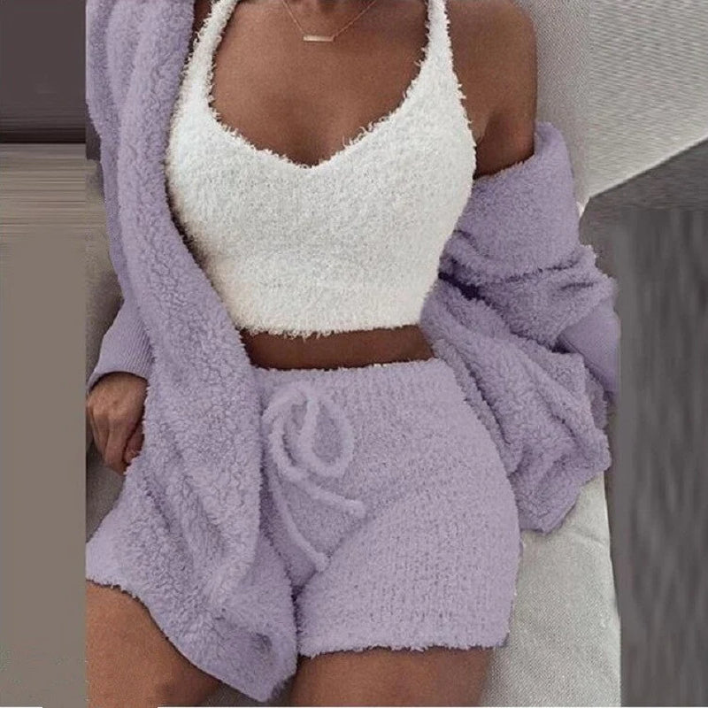 Women Set New Loose Womens High Waist Cardigan Coat Shorts Crop Top Piece Set Casual Soft Sweatsuits for Women Casual Sports