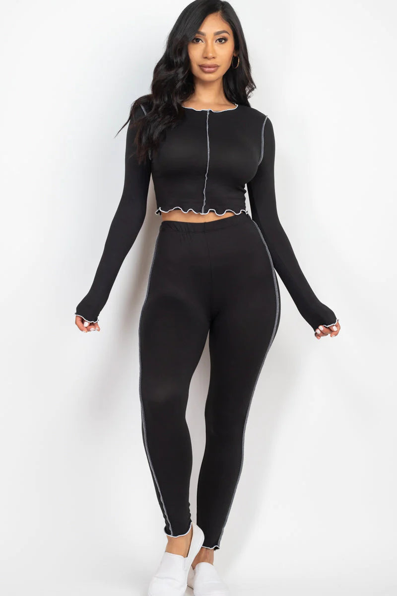 Lettuce Edge Long Sleeve Crop Top & Leggings Set (CAPELLA)