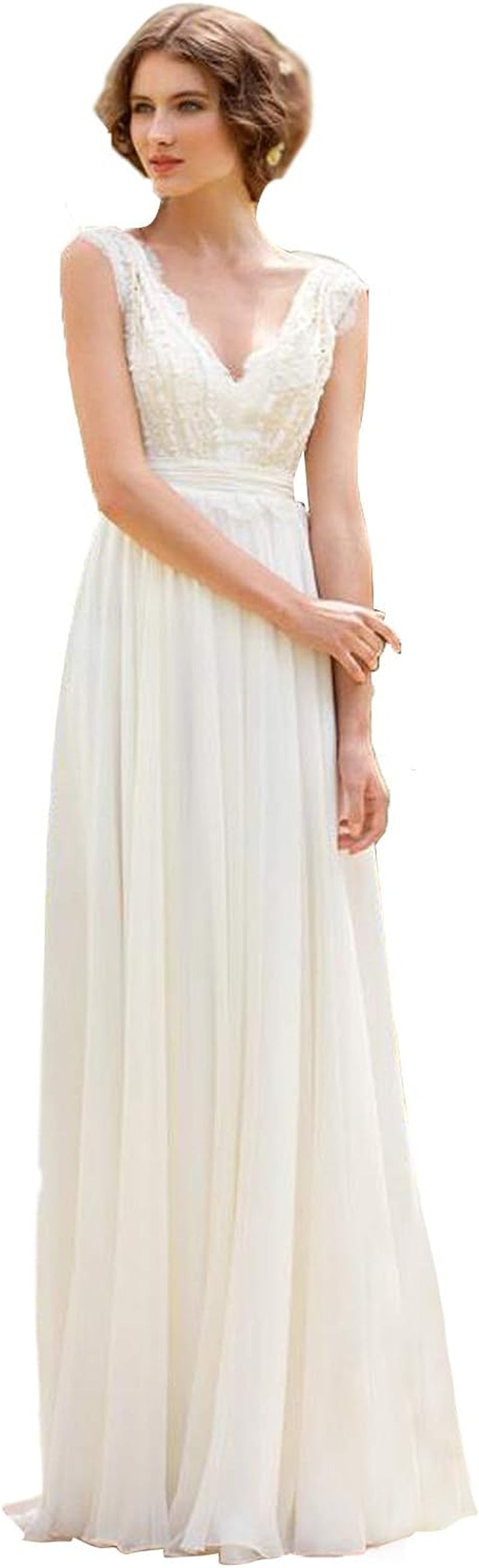 Wedding Dress for Bride with Lace Long V-Neck Chiffion Beach Bohemian Pearls Bridal Gowns