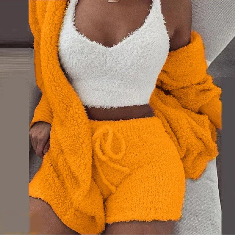 Women Set New Loose Womens High Waist Cardigan Coat Shorts Crop Top Piece Set Casual Soft Sweatsuits for Women Casual Sports