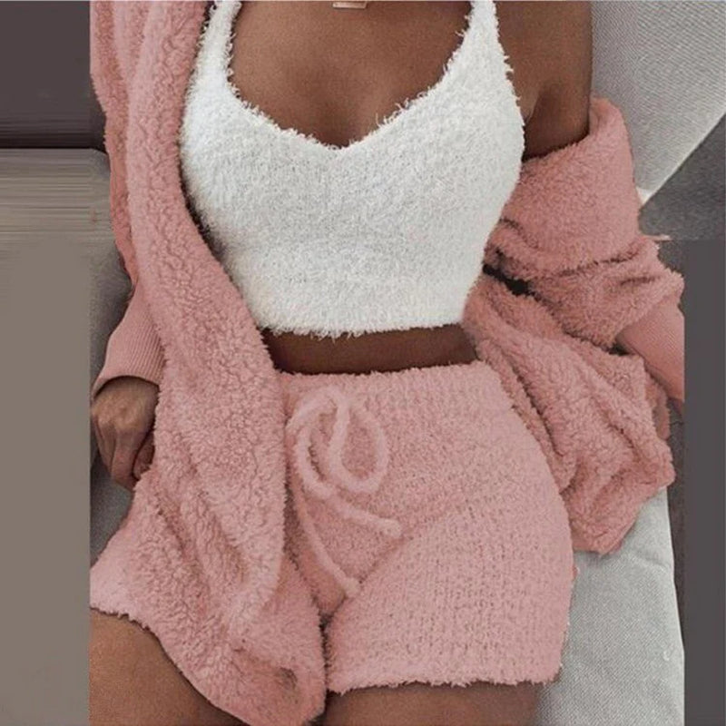 Women Set New Loose Womens High Waist Cardigan Coat Shorts Crop Top Piece Set Casual Soft Sweatsuits for Women Casual Sports