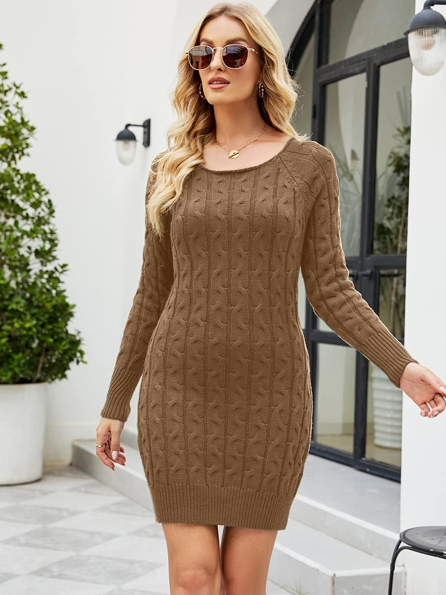 Womens Sweater Dress Ribbed Cable Knit Long Sleeve Sweater Dresses Casual Slim Fit Solid Pullover Knit Mini Dress