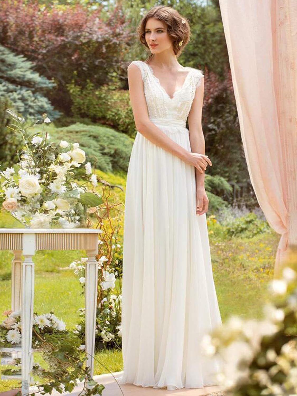 Wedding Dress for Bride with Lace Long V-Neck Chiffion Beach Bohemian Pearls Bridal Gowns