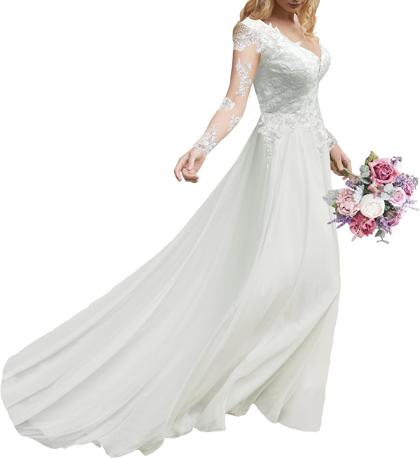 Wedding Dresses for Bride 2024 with Lace Appliques Chiffon a Line Women Dress Long Sleeves Beach Bride Dress