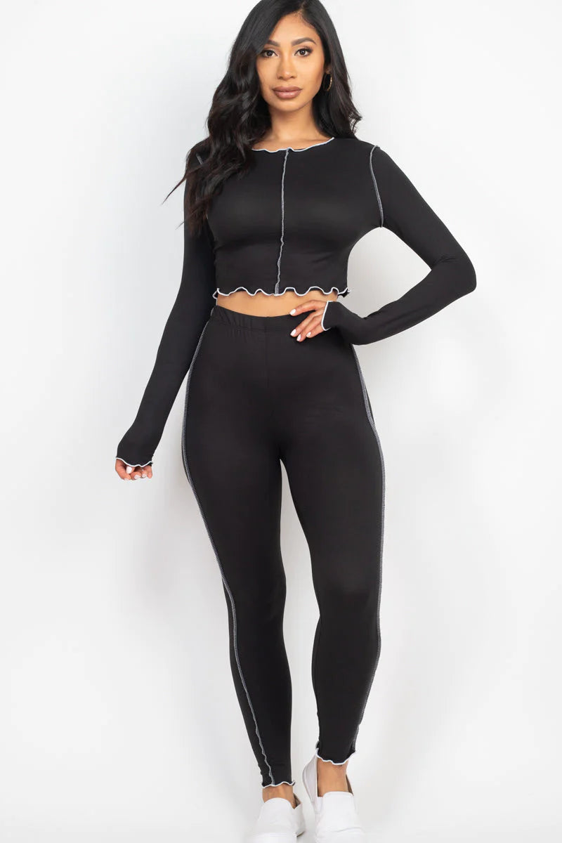 Lettuce Edge Long Sleeve Crop Top & Leggings Set (CAPELLA)