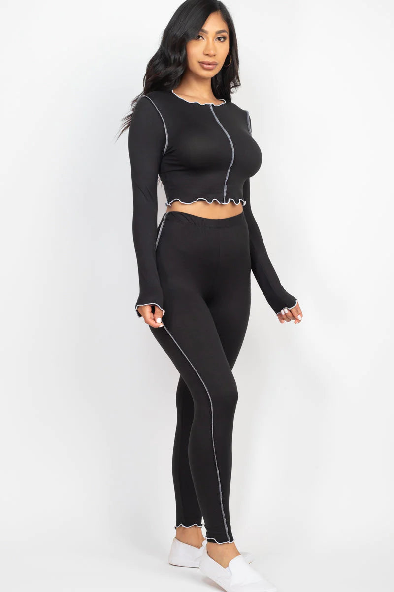 Lettuce Edge Long Sleeve Crop Top & Leggings Set (CAPELLA)