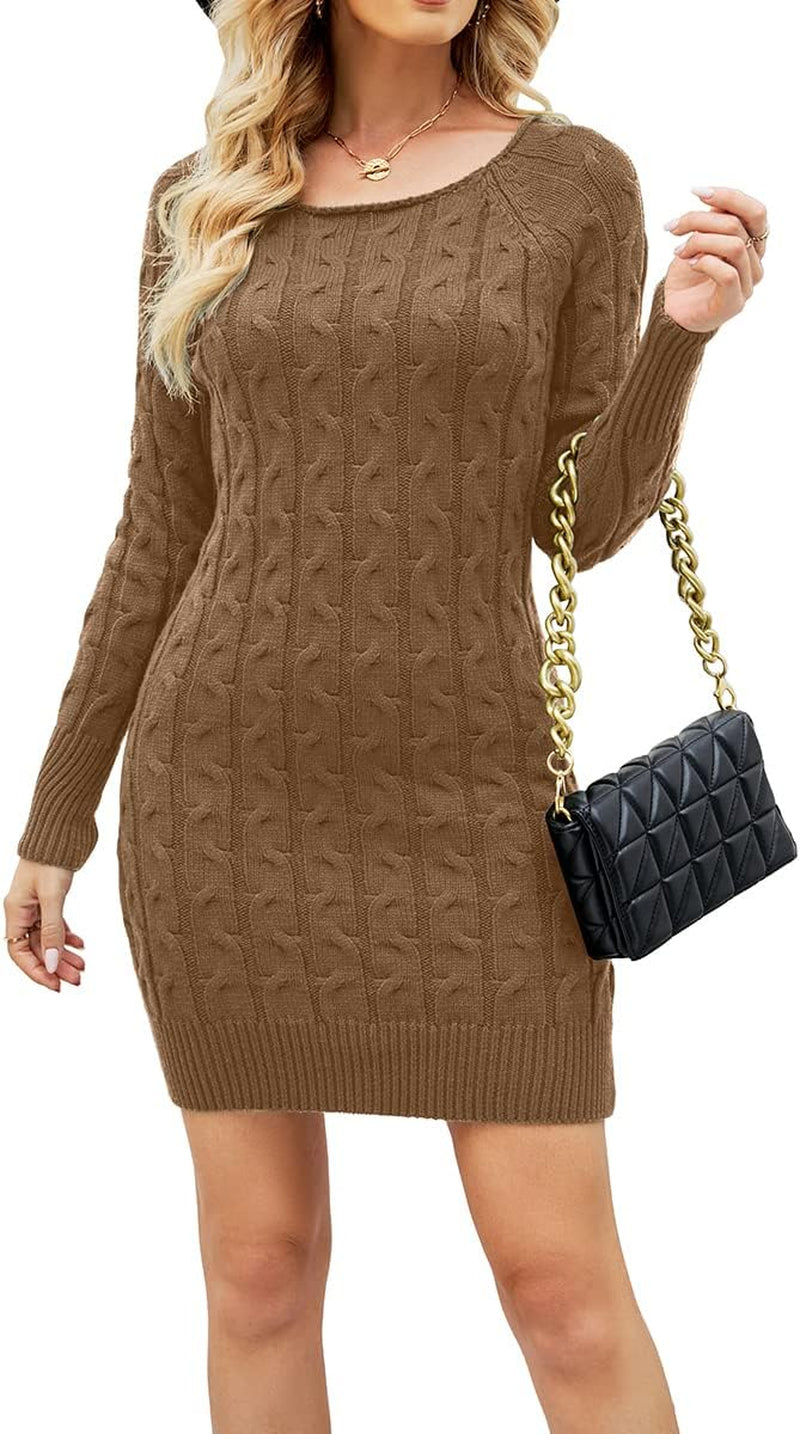 Womens Sweater Dress Ribbed Cable Knit Long Sleeve Sweater Dresses Casual Slim Fit Solid Pullover Knit Mini Dress