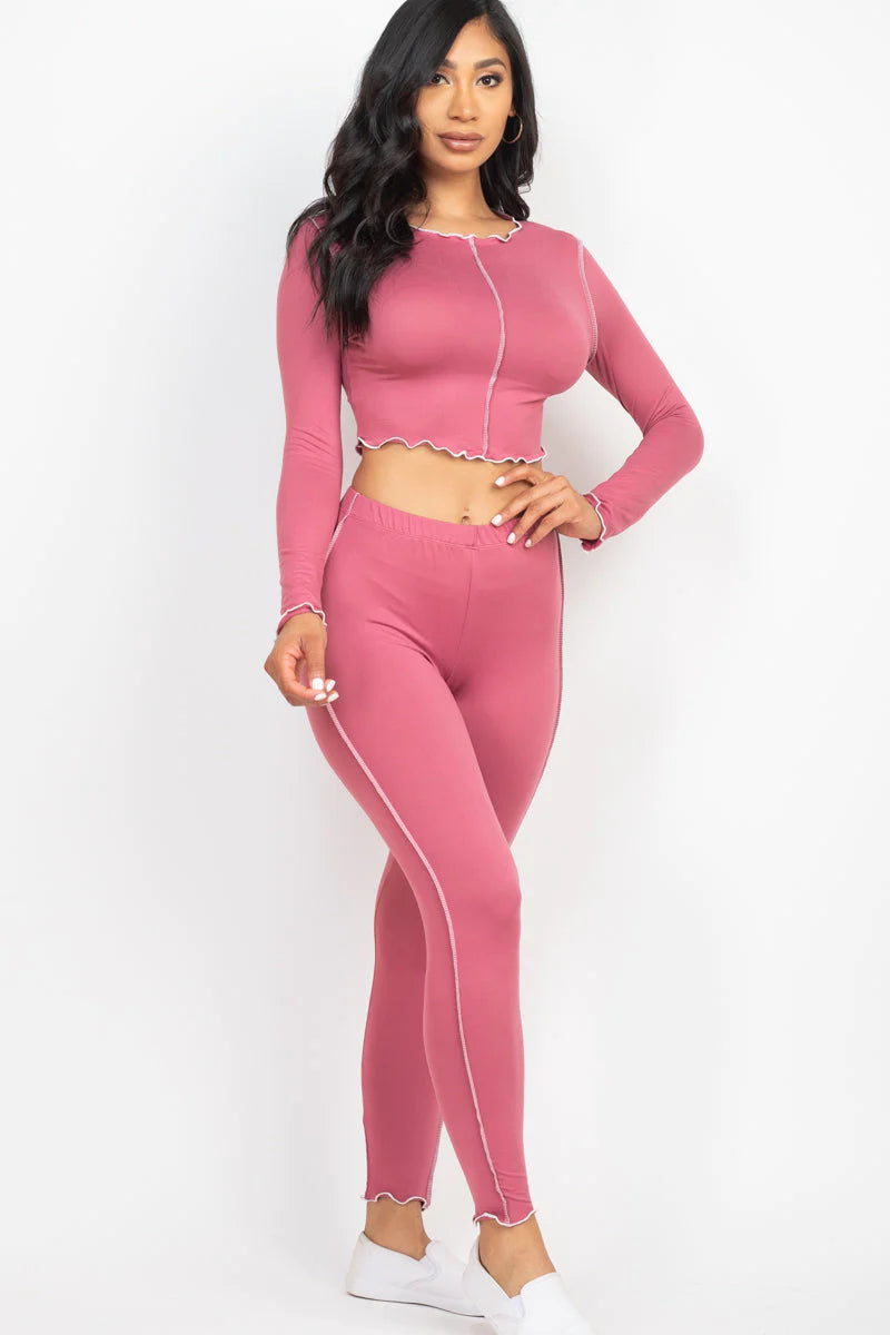 Lettuce Edge Long Sleeve Crop Top & Leggings Set (CAPELLA)