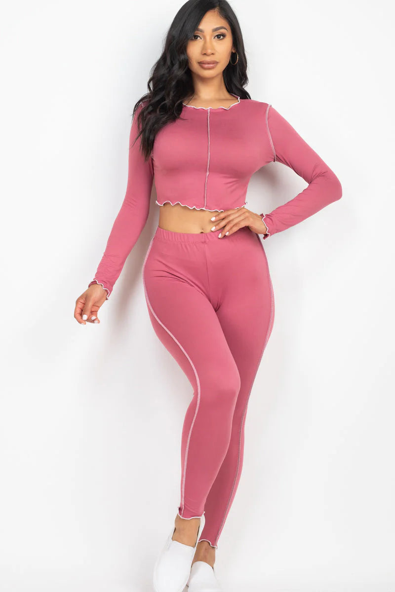 Lettuce Edge Long Sleeve Crop Top & Leggings Set (CAPELLA)