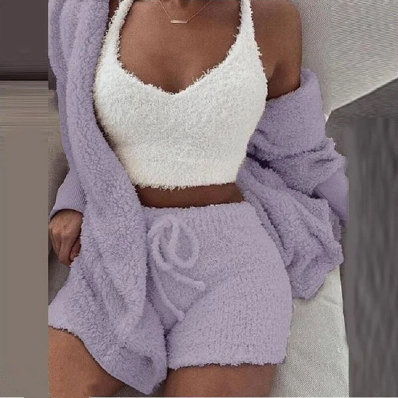 Women Set New Loose Womens High Waist Cardigan Coat Shorts Crop Top Piece Set Casual Soft Sweatsuits for Women Casual Sports