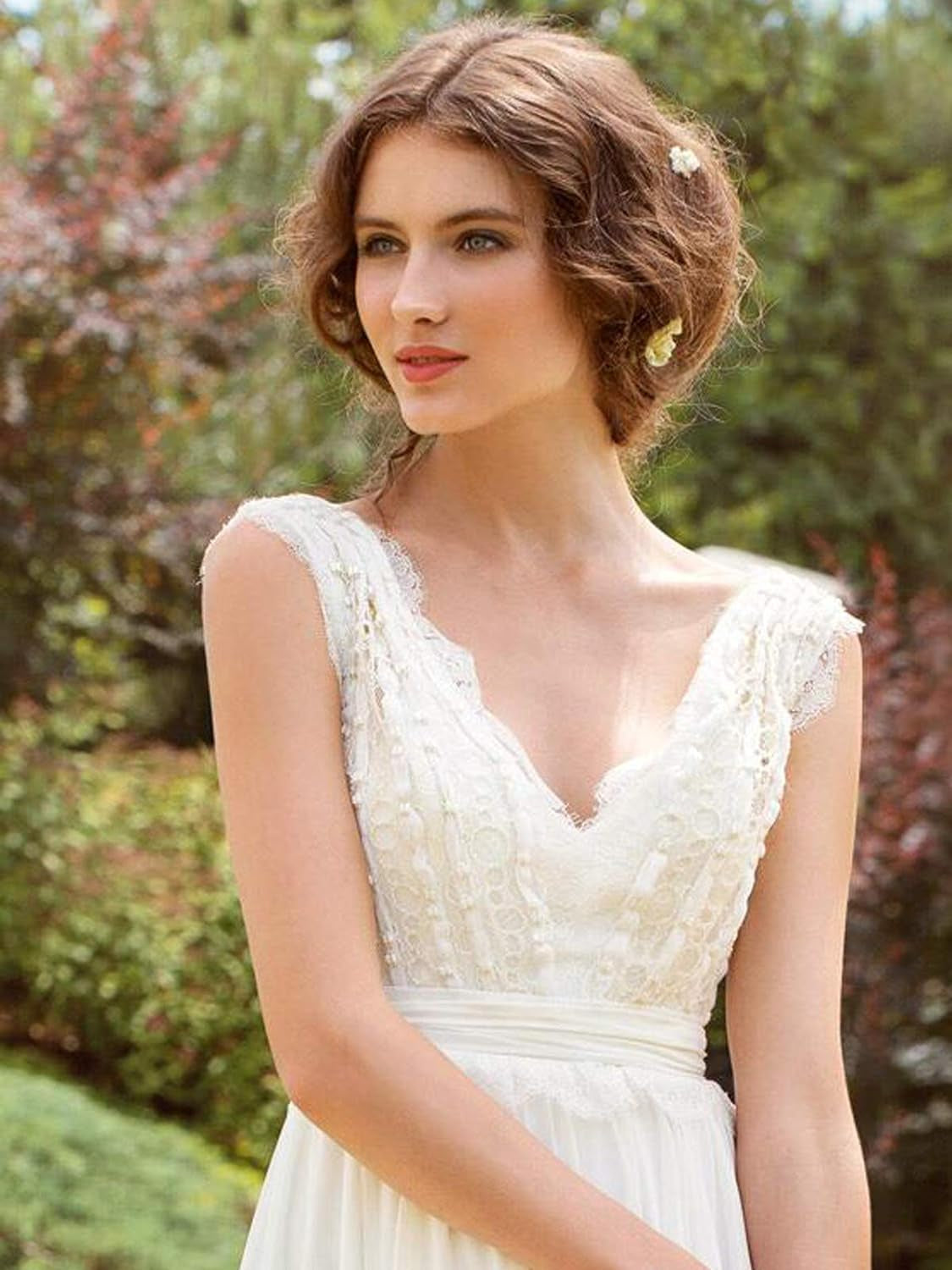 Wedding Dress for Bride with Lace Long V-Neck Chiffion Beach Bohemian Pearls Bridal Gowns
