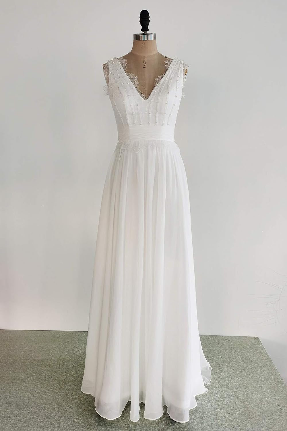 Wedding Dress for Bride with Lace Long V-Neck Chiffion Beach Bohemian Pearls Bridal Gowns