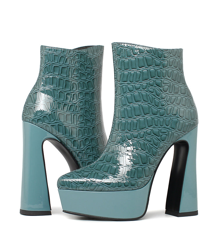 New Brand Women's Shoes Sexy High Heels Thick Platform Black Blue Genuine Patent Leather Dress Party Working Short Boots