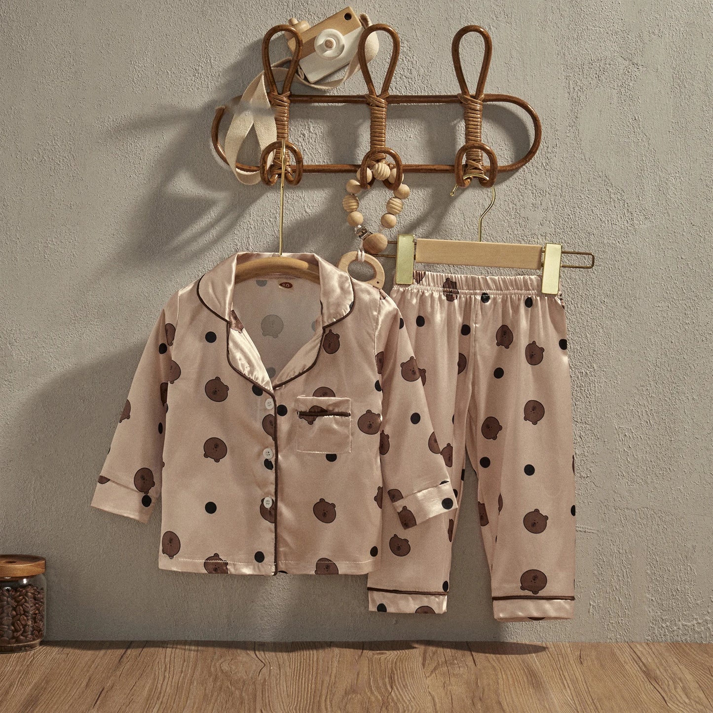 EWODOS 1-6 Years Toddler Baby Kids Unisex Casual Pajama Suit Cartoon Bear Print Long Sleeve Front Pocket Lapel Tops+ Long Pants