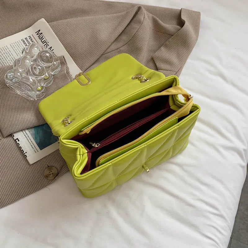 Kiwi Green Summer PU Leather Flap Crossbody Bags For Women Luxury Solid Color Shoulder Handbags Chain Purses