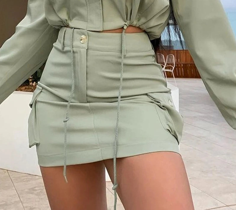 Two Piece Sets Womens Outifits 2023 Autumn Fashion Drawstring Flap Detail Long Sleeve Crop Top Y2k Skirt Set Streetwear Clothes