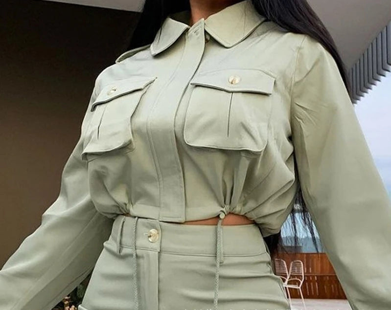 Two Piece Sets Womens Outifits 2023 Autumn Fashion Drawstring Flap Detail Long Sleeve Crop Top Y2k Skirt Set Streetwear Clothes