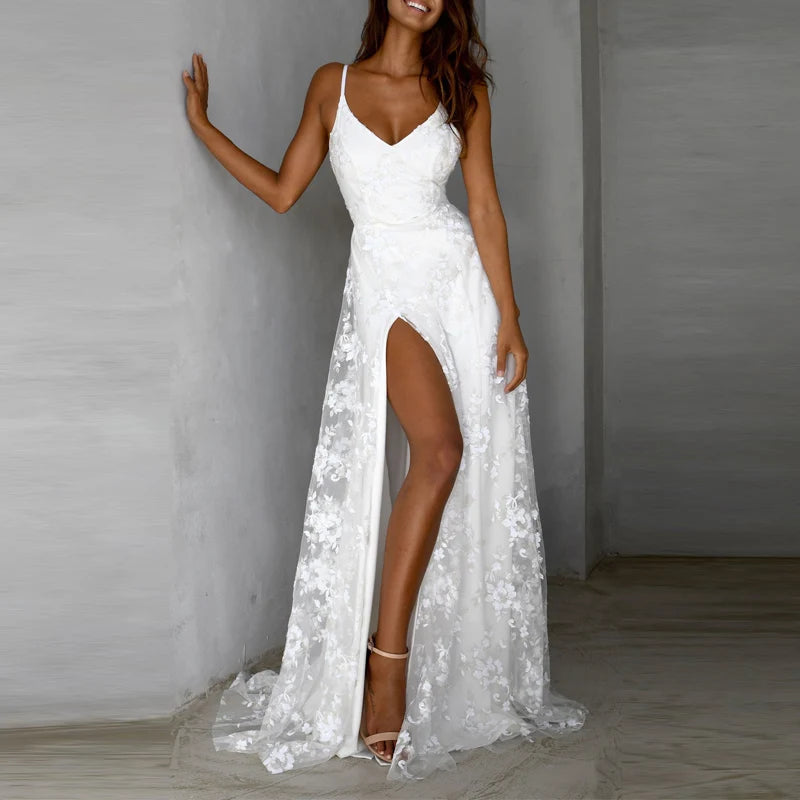 Elegant White Embroidery Lace Yarn Maxi Dress Women Elegant Backless Split Long Dress Sexy Deep V Neck Sling Wedding Party Dress