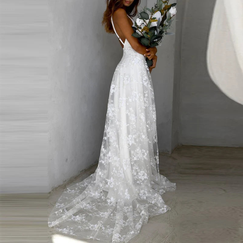 Elegant White Embroidery Lace Yarn Maxi Dress Women Elegant Backless Split Long Dress Sexy Deep V Neck Sling Wedding Party Dress