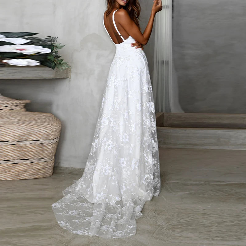 Elegant White Embroidery Lace Yarn Maxi Dress Women Elegant Backless Split Long Dress Sexy Deep V Neck Sling Wedding Party Dress