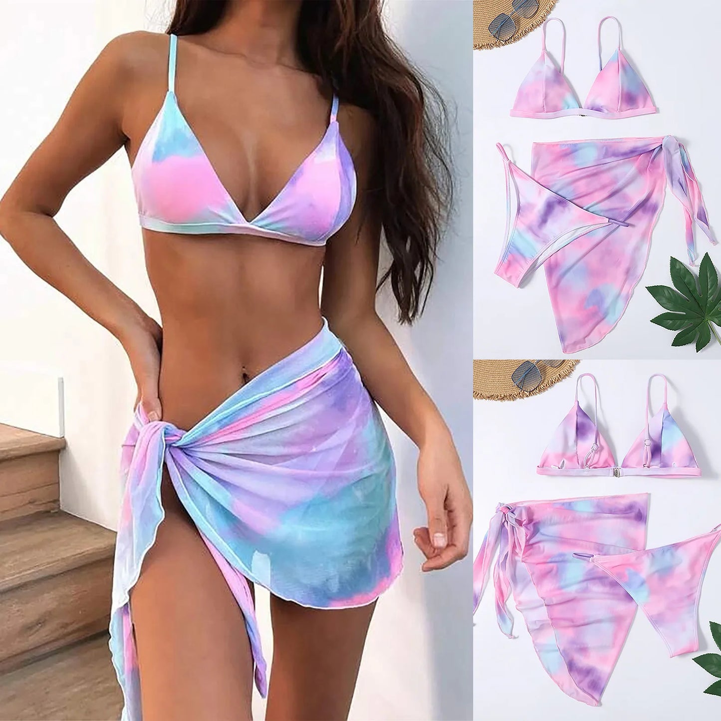 Women's Swimsuit 2023 Plus Size Bikinis Sets For Women Split High Waist Tie-dye Printed Three-piece Skirt Bikini Free Shipping